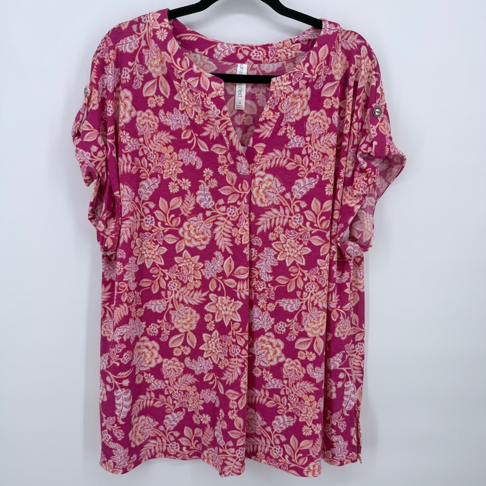 Dear Scarlett Polyester Blouse Womens 2X Pink Floral Split V-Neck Top NWT Office